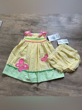 Rare Editions Yellow & Green Baby Sun Dress with Pink Butterfly Appliqués
